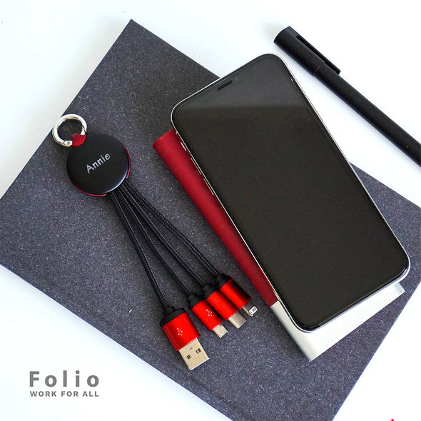 FOLIO: 3 in 1 Light Charger [Red] สายชาร์จสลักชื่อได้ สายไนล่อน หัวชาร์จรองรับ iPhone / Micro / USB-C