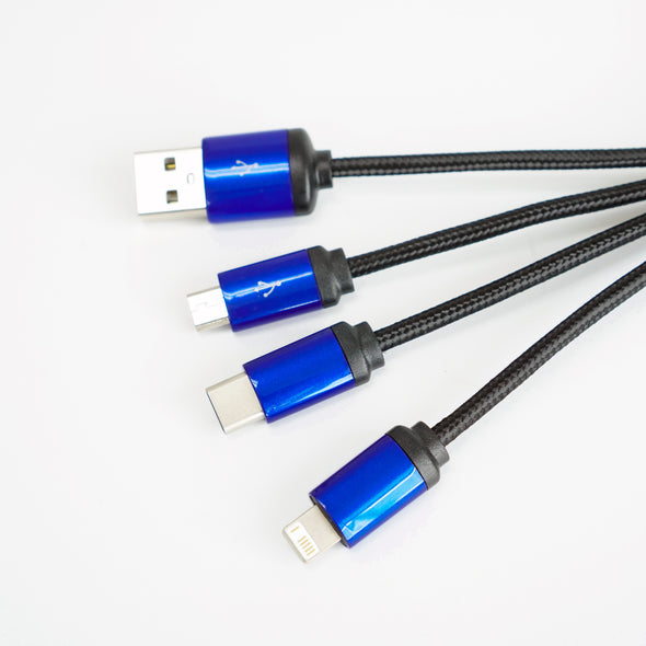 FOLIO: 3 in 1 Light Charger [Blue] สายชาร์จสลักชื่อได้ สายไนล่อน หัวชาร์จรองรับ iPhone / Micro / USB-C