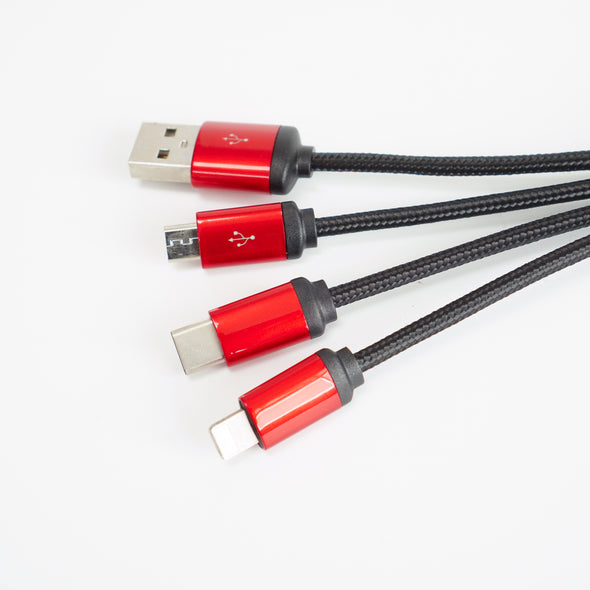 FOLIO: 3 in 1 Light Charger [Red] สายชาร์จสลักชื่อได้ สายไนล่อน หัวชาร์จรองรับ iPhone / Micro / USB-C