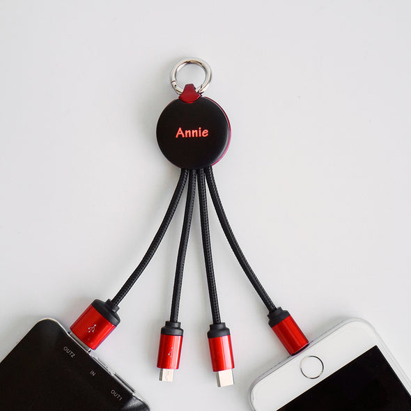 FOLIO: 3 in 1 Light Charger [Red] สายชาร์จสลักชื่อได้ สายไนล่อน หัวชาร์จรองรับ iPhone / Micro / USB-C