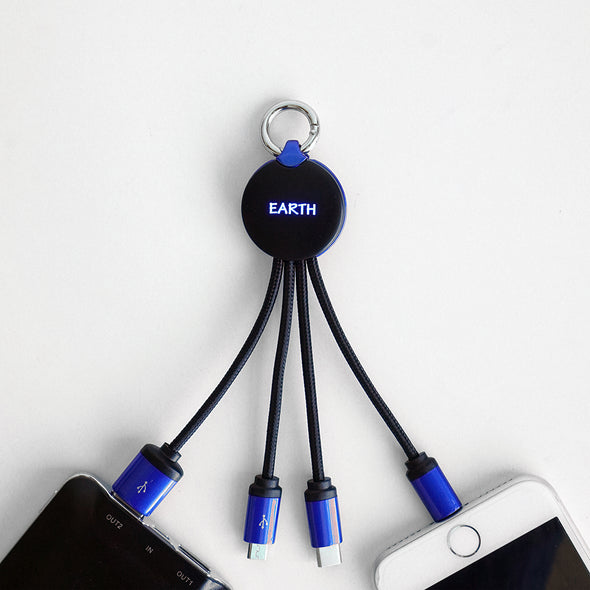 FOLIO: 3 in 1 Light Charger [Blue] สายชาร์จสลักชื่อได้ สายไนล่อน หัวชาร์จรองรับ iPhone / Micro / USB-C